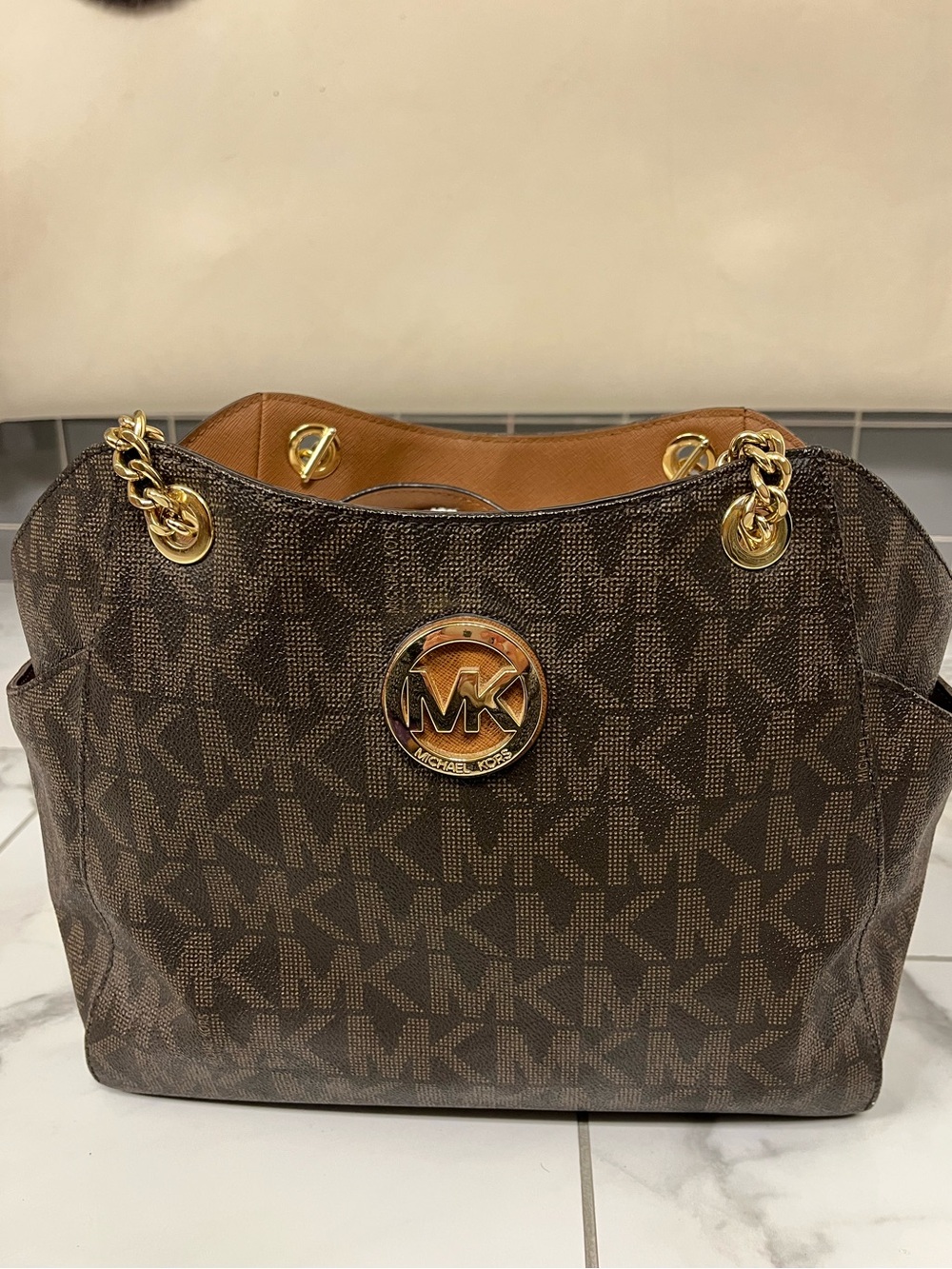 Michael Kors Brown MK Signature Shoulder Bag with Gold Hardware